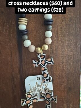 Audra StyleLeopard Print Cross Necklace & Matching Earrings - Pink, Black, Cream